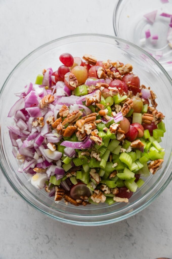 Bowl full of Sonoma chicken salad in progress.