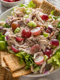 Angled view of a plate full of copycat Whole Foods Sonoma chicken salad.