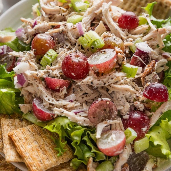 Angled view of a plate full of copycat Whole Foods Sonoma chicken salad.