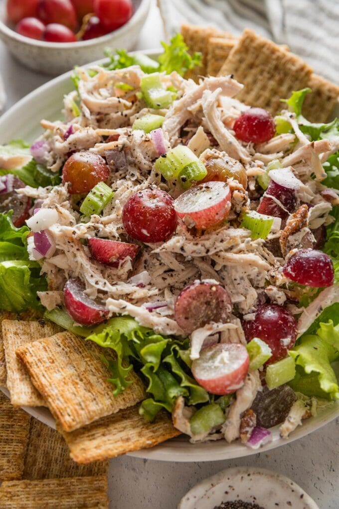 Angled view of a plate full of copycat Whole Foods Sonoma chicken salad.