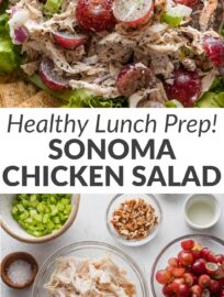 This quick Sonoma chicken salad is creamy, crunchy, sweet, and satisfying all at once. With shredded chicken, red grapes, celery, and pecans, it's a high-flavor, low-effort lunch served over greens, in a sandwich, or with crackers and crisp raw veggies. You'll be delighted how easy it is to copy this popular Whole Foods salad at home!