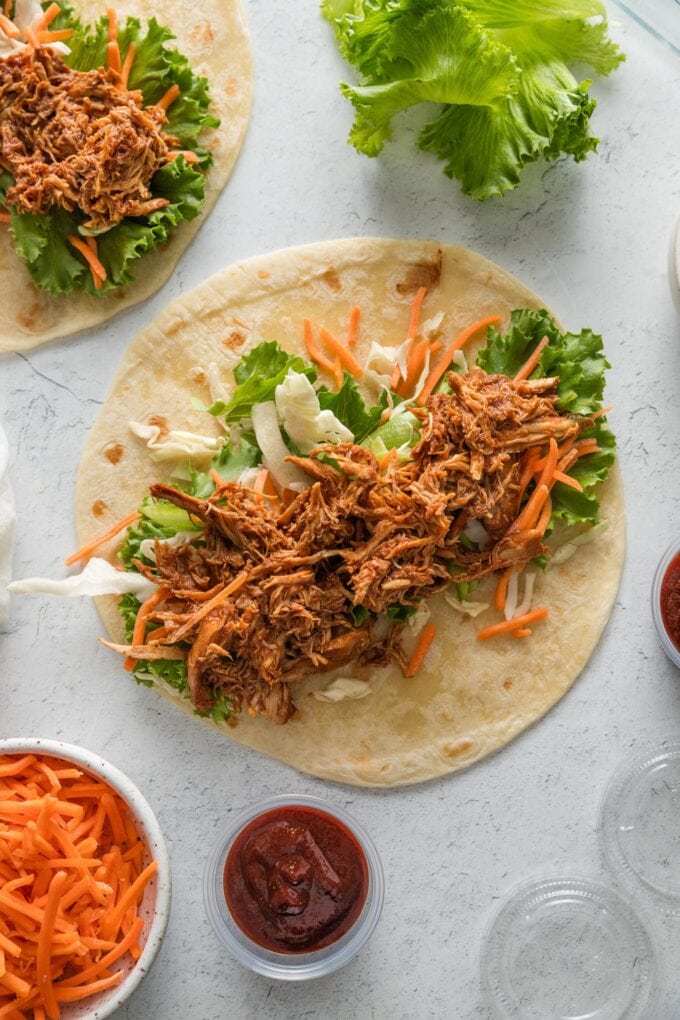 Layered BBQ chicken wrap before being rolled up.