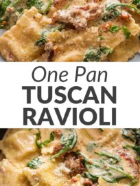 Creamy Tuscan ravioli are the most worthwhile indulgence! One skillet and about 20 minutes are truly all you need to transform store-bought pasta into a date-night quality dinner, with garlicky sun-dried tomato cream sauce, soft tendrils of baby spinach, and flurries of Parmesan and black pepper. As flavorful and delicious as it is easy to make.