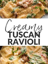 Creamy Tuscan ravioli are the most worthwhile indulgence! One skillet and about 20 minutes are truly all you need to transform store-bought pasta into a date-night quality dinner, with garlicky sun-dried tomato cream sauce, soft tendrils of baby spinach, and flurries of Parmesan and black pepper. As flavorful and delicious as it is easy to make.