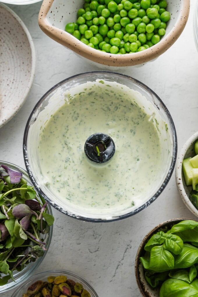Dressing blended in a small food processor.