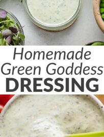 Homemade green goddess salad dressing with Greek yogurt, herbs, and jalapeño is so easy to make and way more fresh and vibrant than even the best store-bought. Use to top your favorite salads or serve as a dipping sauce for fresh veggies or chicken wraps. Creamy, herbacious, and preservative-free.