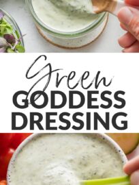 Homemade green goddess salad dressing with Greek yogurt, herbs, and jalapeño is so easy to make and way more fresh and vibrant than even the best store-bought. Use to top your favorite salads or serve as a dipping sauce for fresh veggies or chicken wraps. Creamy, herbacious, and preservative-free.