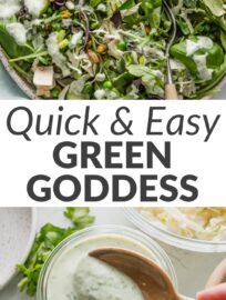 This green goddess salad recipe yields delightfully meal-sized bowls of beautiful greens upon greens. We round them out with tender chicken and a creamy, equally colorful homemade dressing. It's a refreshing, modern, and satisfying twist on the classic, thanks to a full line-up of crisp vegetables, tender peas, crunchy nuts, and fresh herbs.