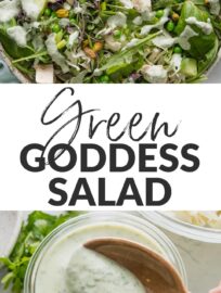 This green goddess salad recipe yields delightfully meal-sized bowls of beautiful greens upon greens. We round them out with tender chicken and a creamy, equally colorful homemade dressing. It's a refreshing, modern, and satisfying twist on the classic, thanks to a full line-up of crisp vegetables, tender peas, crunchy nuts, and fresh herbs.