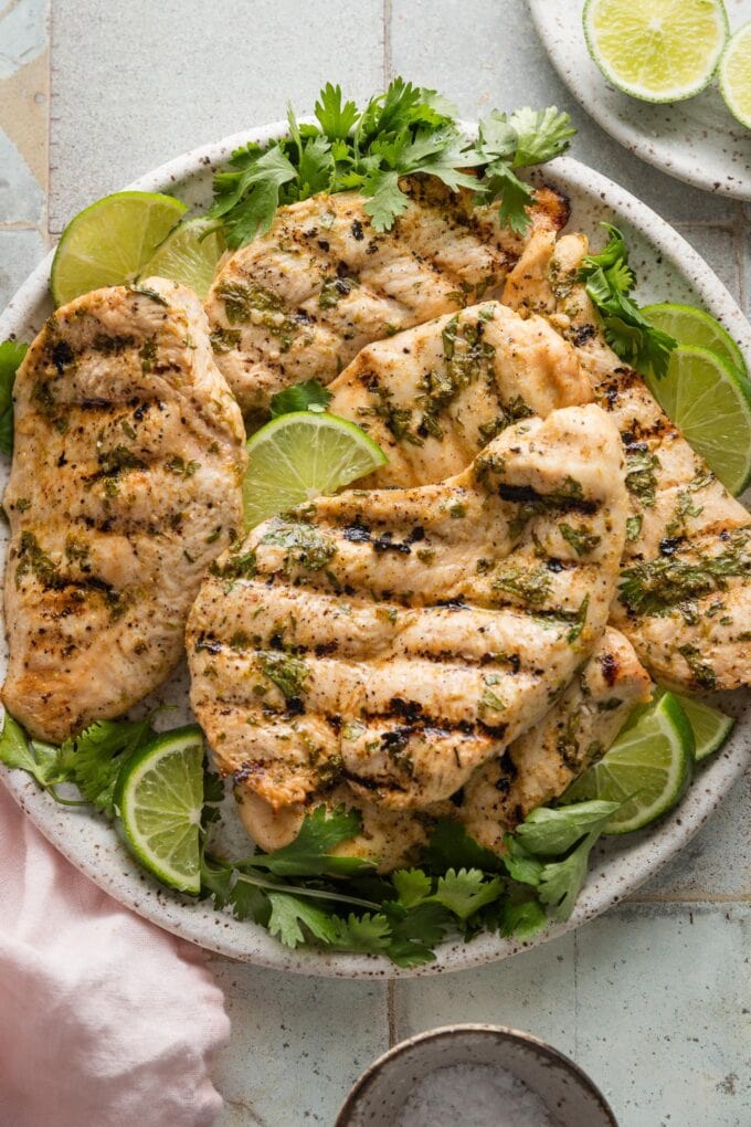 Large plate full of grilled cilantro lime chicken.