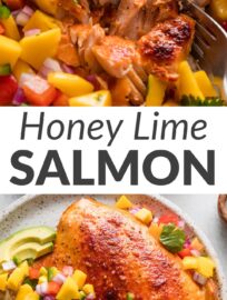 Plates of this rainbow-hued honey lime salmon with mango salsa will bring smiles and satisfaction all around. The salmon is baked for maximum tenderness and hands-off convenience; it quietly absorbs a luscious honey citrus glaze while you are free to toss together the dreamiest topping of sweet mango, crisp bell pepper, and fresh cilantro. Serve on its own or over rice or greens for the happiest, healthiest dinner.