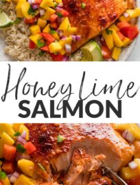 Plates of this rainbow-hued honey lime salmon with mango salsa will bring smiles and satisfaction all around. The salmon is baked for maximum tenderness and hands-off convenience; it quietly absorbs a luscious honey citrus glaze while you are free to toss together the dreamiest topping of sweet mango, crisp bell pepper, and fresh cilantro. Serve on its own or over rice or greens for the happiest, healthiest dinner.
