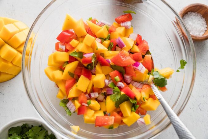 Mango salsa in a glass mixing bowl.