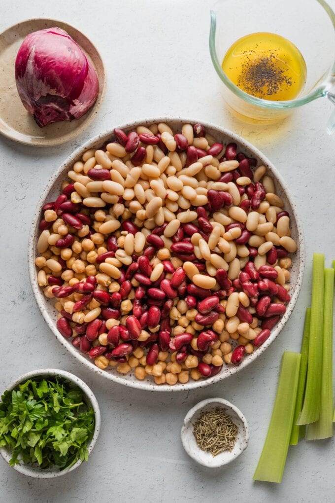Overhead view of ingredients for a three bean Italian-inspired salad: chickpeas, Cannellini beans, red kidney beans, onion, celery, parsley, and a quick homemade dressing.