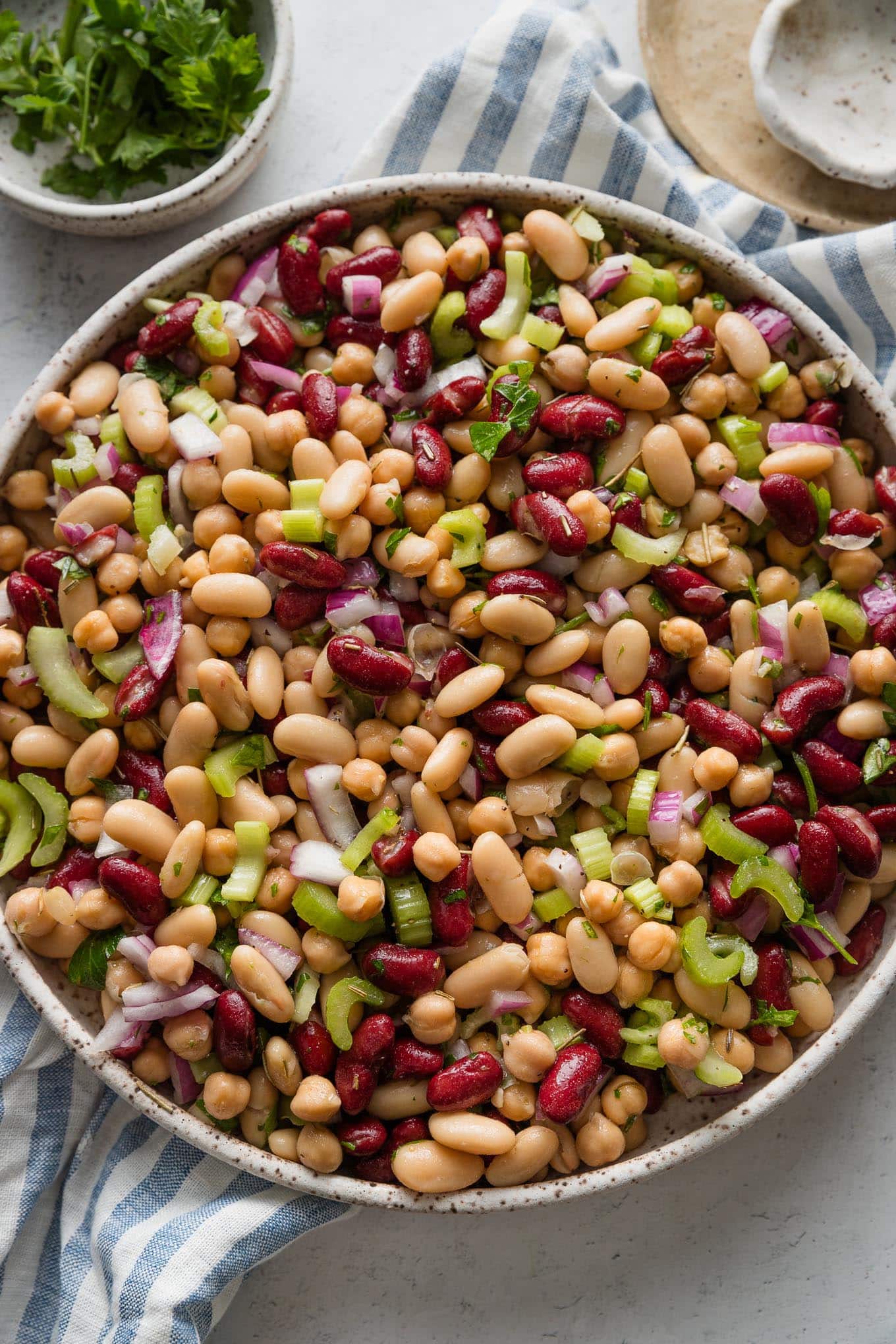 Italian bean salad with red onion and celery in a large ceramic serving bowl.