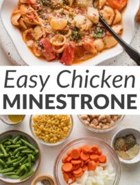 This chicken minestrone soup recipe is easy to make, wholesome, and completely delicious—so of course we adore it! A rainbow of veggies, tender and convenient rotisserie chicken, and little bites of pasta mingle in the tastiest broth to leave you feeling truly satisfied. Serve with Parmesan, red pepper for kick, and crusty bread or rolls to complete the meal.