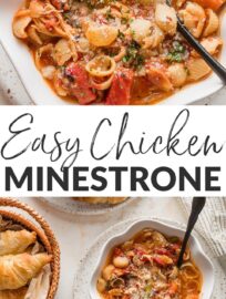 This chicken minestrone soup recipe is easy to make, wholesome, and completely delicious—so of course we adore it! A rainbow of veggies, tender and convenient rotisserie chicken, and little bites of pasta mingle in the tastiest broth to leave you feeling truly satisfied. Serve with Parmesan, red pepper for kick, and crusty bread or rolls to complete the meal.