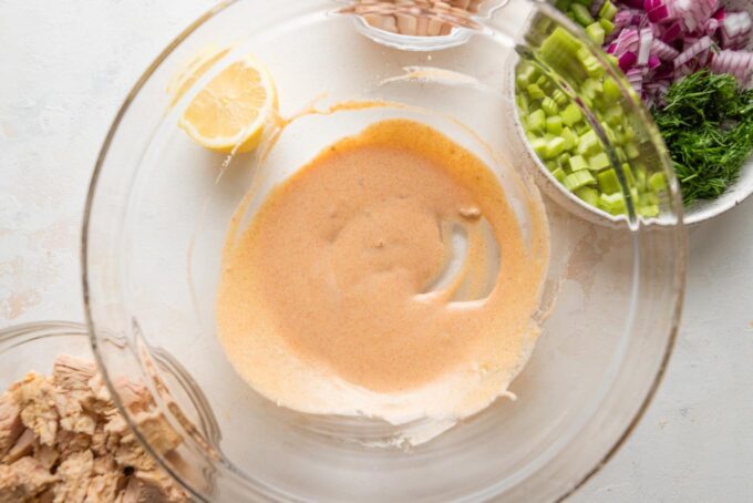 Greek yogurt-based dressing for a lemon tuna salad.