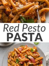 This recipe for sun-dried tomato pesto pasta with chicken is deceptively flavorful for something so simple to make! Pasta twirled with a light sauce of pesto rosso pairs perfectly with tender bites of shredded chicken and dusted Parmesan. I like to mix in a big tray of roasted vegetables to make it a complete meal in one dish.
