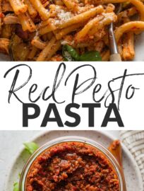 This recipe for sun-dried tomato pesto pasta with chicken is deceptively flavorful for something so simple to make! Pasta twirled with a light sauce of pesto rosso pairs perfectly with tender bites of shredded chicken and dusted Parmesan. I like to mix in a big tray of roasted vegetables to make it a complete meal in one dish.