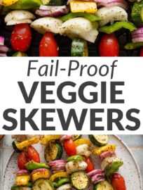 Veggie skewers with a rainbow of bell peppers, zucchini medallions, red onion, and cherry tomatoes are lightly seasoned and grilled to perfection for the most perfect, go-with-everything summer side. These are the ultimate in make-ahead simplicity and conveniently help your vegetable intake climb right along with the temperature.