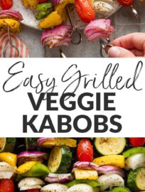 Veggie skewers with a rainbow of bell peppers, zucchini medallions, red onion, and cherry tomatoes are lightly seasoned and grilled to perfection for the most perfect, go-with-everything summer side. These are the ultimate in make-ahead simplicity and conveniently help your vegetable intake climb right along with the temperature.