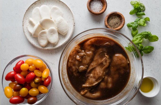 Overhead of chicken breasts marinating in a balsamic vinegar-based sauce, mozzarella medallions, cherry tomatoes, fresh basil, olive oil, salt, and pepper.
