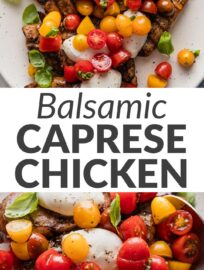 This delightful dinner turns a classic Caprese into a satisfying main course, with balsamic-marinated chicken breasts, creamy mozzarella, and generous spoonfuls of cherry tomatoes. It's sweet, tangy, and oh-so-simple to make, especially convenient because you can prep the chicken ahead of time, then assemble in a flash come dinnertime.