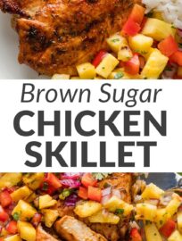 This brown sugar chicken skillet delivers delicious summer vibes any time of the year, with juicy pan-seared chicken cutlets, a sweet and tangy spice rub, drizzles of pan sauce, and big spoonfuls of fresh pineapple salsa. It's easy to make in about 25 minutes, and I love that everything together feels elevated and exciting, but the components are really simple to deconstruct for choosy kids.