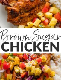 This brown sugar chicken skillet delivers delicious summer vibes any time of the year, with juicy pan-seared chicken cutlets, a sweet and tangy spice rub, drizzles of pan sauce, and big spoonfuls of fresh pineapple salsa. It's easy to make in about 25 minutes, and I love that everything together feels elevated and exciting, but the components are really simple to deconstruct for choosy kids.