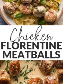 This simple recipe for chicken Florentine meatballs takes all the flavor of an Italian classic and repackages it into ultra-approachable meatball form. The meatballs themselves are juicy, tender, and lightly seasoned, while the creamy garlic white wine sauce is perfect for holding tendrils of wilted spinach and dressing up plates. Gourmet yet kid-friendly!