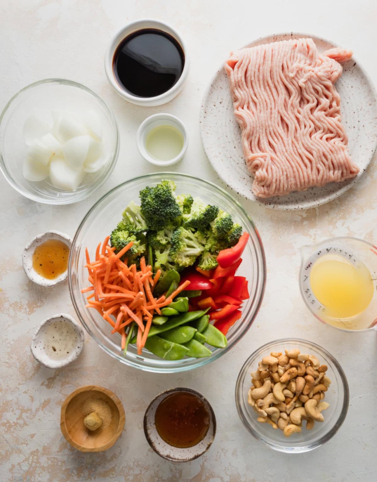 Flatlay of ingredients for a kid-friendly, simple ground chicken stir fry.