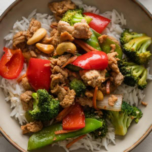 Bowl full of an easy ground chicken stir fry with bell peppers, onions, broccoli, and snow peas served over rice.