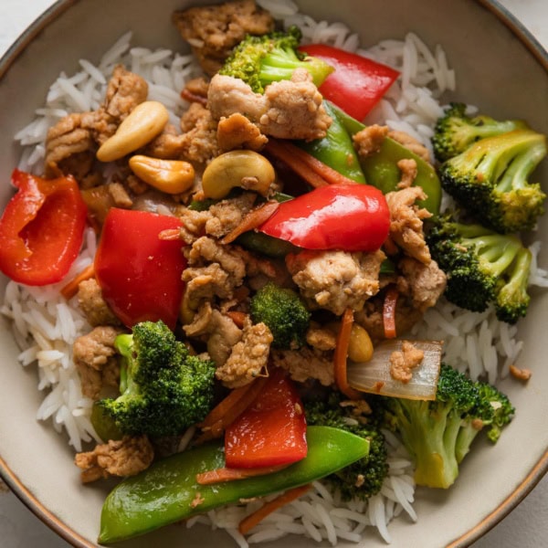 Bowl full of an easy ground chicken stir fry with bell peppers, onions, broccoli, and snow peas served over rice.