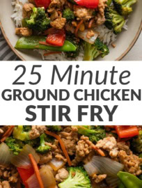 This sweet and savory ground chicken stir fry is a quick weeknight meal that balances real flavor with a kid-friendly sauce and rainbow of vegetable options. The homemade sauce is sweetened with honey and perked up with rice vinegar, toasted sesame oil, and fresh ginger for an approachable Asian-inspired bowl.