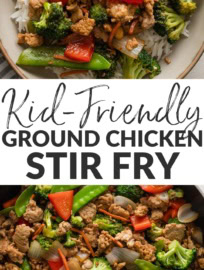 This sweet and savory ground chicken stir fry is a quick weeknight meal that balances real flavor with a kid-friendly sauce and rainbow of vegetable options. The homemade sauce is sweetened with honey and perked up with rice vinegar, toasted sesame oil, and fresh ginger for an approachable Asian-inspired bowl.