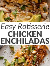 These simple yet irresistible rotisserie chicken enchiladas are about as quick as the traditional rolled Mexican favorite can get! I count on this straightforward method and ingredient list to make enchiladas possible even when I have 30 minutes or less. They never fail to satisfy and reheat wonderfully for an extra exciting lunch the next day.