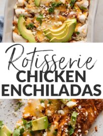 These simple yet irresistible rotisserie chicken enchiladas are about as quick as the traditional rolled Mexican favorite can get! I count on this straightforward method and ingredient list to make enchiladas possible even when I have 30 minutes or less. They never fail to satisfy and reheat wonderfully for an extra exciting lunch the next day.