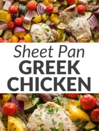 This sheet pan Greek chicken with veggies showcases juicy chicken thighs with flavor locked in from a fool-proof yogurt-based marinade, roasted side by side with a rainbow of bell pepper, red onion, zucchini, and cherry tomatoes. Mix and match the veggies as you like, then top with olives, feta, and herbs—it adds up to an irresistible all-in-one meal.
