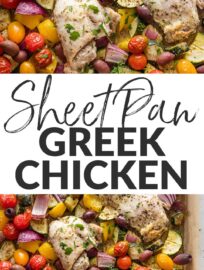This sheet pan Greek chicken with veggies showcases juicy chicken thighs with flavor locked in from a fool-proof yogurt-based marinade, roasted side by side with a rainbow of bell pepper, red onion, zucchini, and cherry tomatoes. Mix and match the veggies as you like, then top with olives, feta, and herbs—it adds up to an irresistible all-in-one meal.