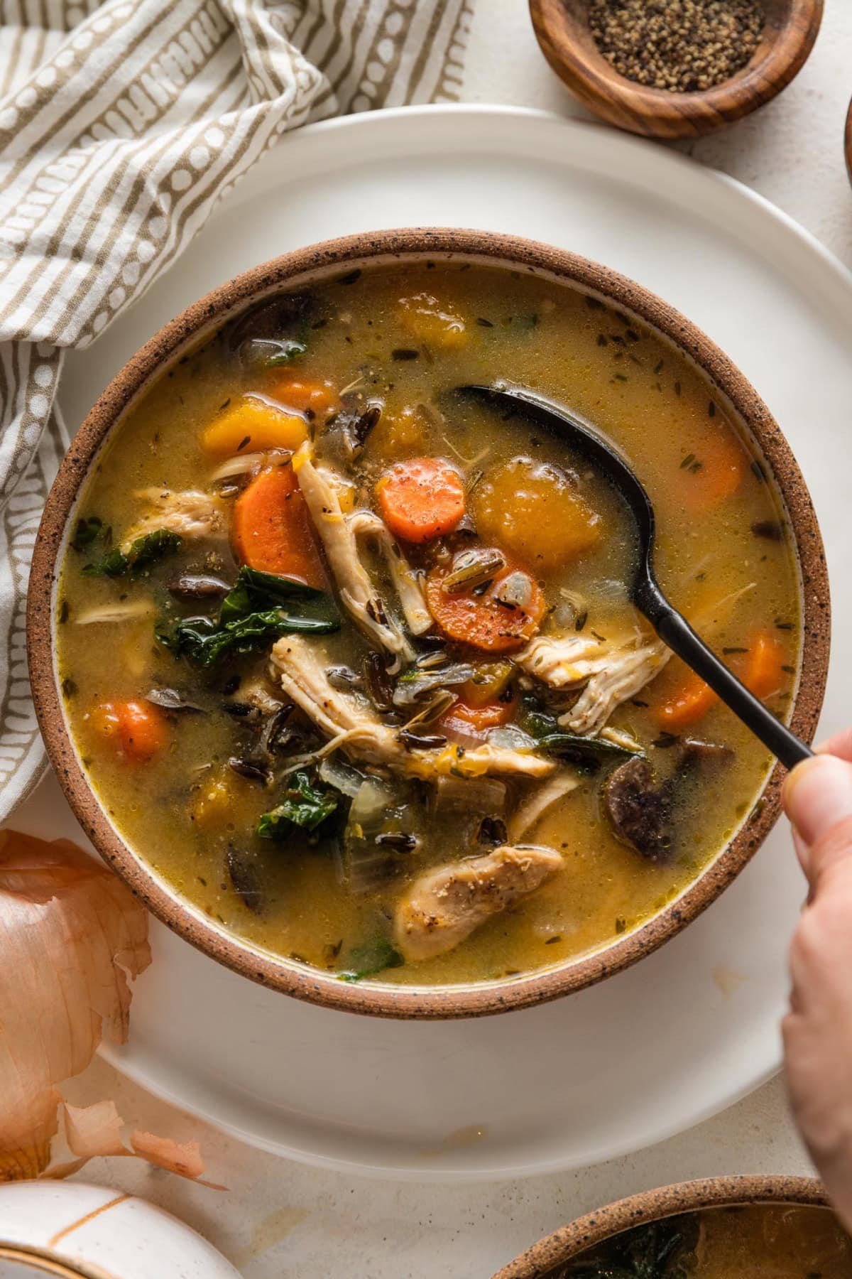 A small bowl full of soup with wild rice, chicken, butternut squash, carrots, and mushrooms.