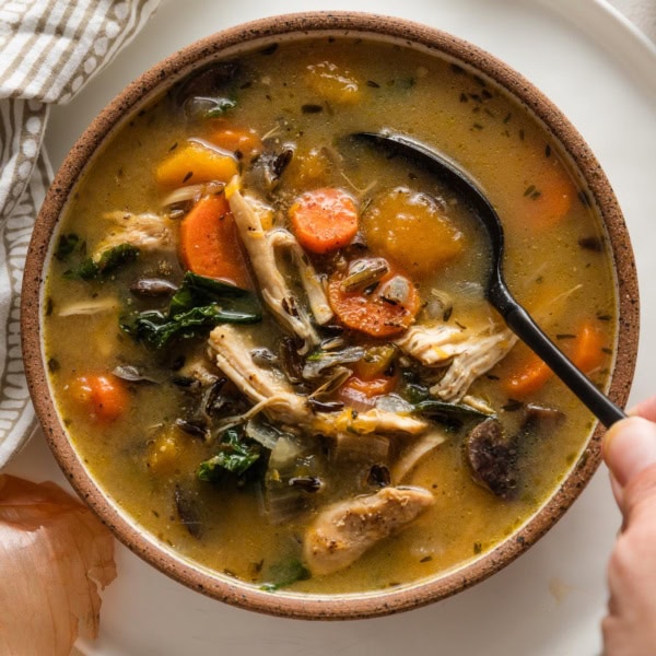 A small bowl full of soup with wild rice, chicken, butternut squash, carrots, and mushrooms.