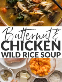 This butternut squash wild rice soup with chicken, carrots, kale, and more answers the call for a cozy and deeply nourishing fall bowl. Toss it together in about 15 minutes, then let it simmer away. The chicken, veggies, and a poor man's roux work together to infuse the broth with body and flavor, and the end result is a truly satisfying soup good for body and soul.