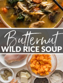 This butternut squash wild rice soup with chicken, carrots, kale, and more answers the call for a cozy and deeply nourishing fall bowl. Toss it together in about 15 minutes, then let it simmer away. The chicken, veggies, and a poor man's roux work together to infuse the broth with body and flavor, and the end result is a truly satisfying soup good for body and soul.