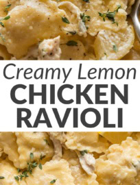 This one pan creamy lemon chicken ravioli—yes, the ravioli cook directly in the skillet with the sauce—is almost shockingly quick and easy for a meal so flavorful and bright. This is pure comfort food, enlivened with the zip of fresh lemon and thyme and made more satisfying with bites of tender chicken mixed into the silky cream sauce.
