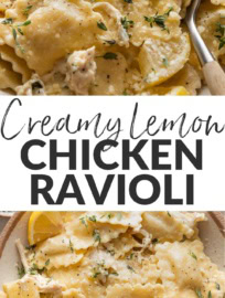 This one pan creamy lemon chicken ravioli—yes, the ravioli cook directly in the skillet with the sauce—is almost shockingly quick and easy for a meal so flavorful and bright. This is pure comfort food, enlivened with the zip of fresh lemon and thyme and made more satisfying with bites of tender chicken mixed into the silky cream sauce.
