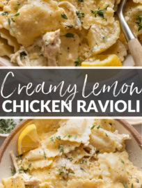 This one pan creamy lemon chicken ravioli—yes, the ravioli cook directly in the skillet with the sauce—is almost shockingly quick and easy for a meal so flavorful and bright. This is pure comfort food, enlivened with the zip of fresh lemon and thyme and made more satisfying with bites of tender chicken mixed into the silky cream sauce.