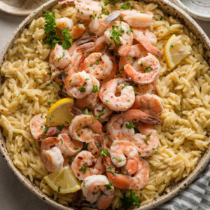 Speckled ceramic bowl filled with shrimp scampi topped with fresh parsley.
