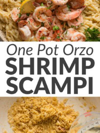 This one pot shrimp scampi orzo mixes tender nuggets of pasta, juicy pan-seared shrimp, and the bright, buttery, citrus flair of traditional shrimp scampi. It feels and tastes a little fancy but comes together all in one skillet, so it's easy on the cook and the clean-up crew, too. Great for weeknights, date nights, and more!