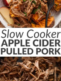 This easy-to-make slow cooker apple cider pulled pork lets apple cider shine in a savory way! Made from budget-friendly pork tenderloin and infused with Dijon, brown sugar, garlic, paprika, and cinnamon, this delicious protein is great in bowls, sandwiches, wraps, sliders, and more.
